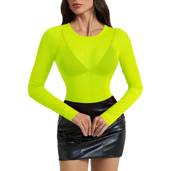 🆕Women Yellow Polyester Floral Mesh Long Sleeve Crew Neck Fitted Sexy Tee Top - Picture 1 of 6